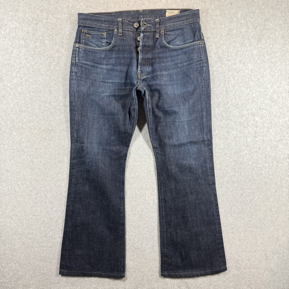 G-Star Raw 3301 Boot Jeans Mens‎ 34x30 Blue Denim Dark Wash Bootcut Button Fly